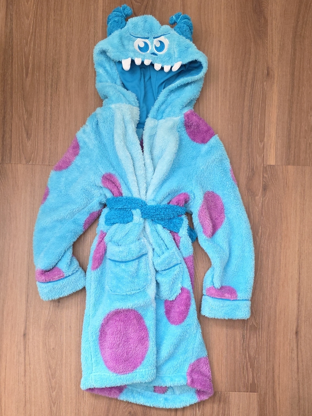 Disney Monsters Inc SULLY Plush Blue Hooded Kids Robe w Purple Spots. Size 7/8